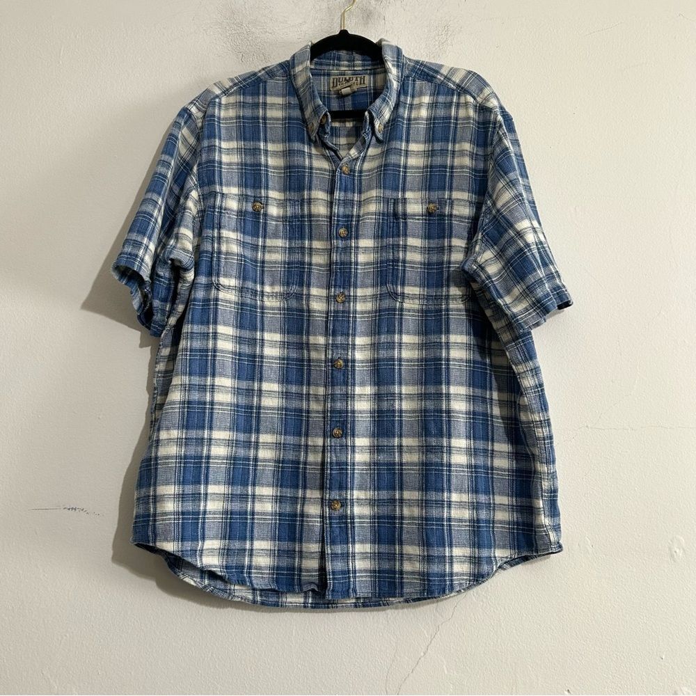 Duluth Trading Co Hemp F.O.M. Short Sleeve Plaid Shirt Blue XL